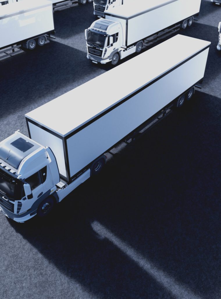 Fleet of new heavy trucks. Transportation, shipping industry. 3D illustration